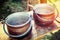 Vintage steel boilers for cooking over an open fire. Metal pots for boiling water on the fire