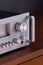 Vintage Stereo Receiver Front Panel with Controls Side View Closeup