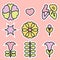 Vintage stickers collection in 1970 trendy style with flowers, leaves and text LOVE. Perfect for tee, stickers, poster, stationery