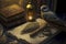 Vintage Still-life with Ancient books, Manuscript, Antique Ink Pen, Oil Lamp, an Owl and Ornate jewelry on a Rustic Wooden Table