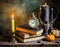 Vintage still life with antique books, clock and candle. Halloween and occult concept