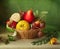 Vintage still life with basket of fruits over blur background