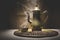 Vintage still life with heap of coffee beans near old copper coffeepot and cup with smoke