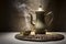 Vintage still life with heap of coffee beans near old copper coffeepot and cup with smoke