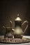 Vintage still life with heap of coffee beans near old copper coffeepots on bronze tray against canvas background