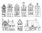 Vintage stone Europe houses. Set of old style building facades. Hand drawn outline vector sketch illustration