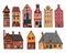 Vintage stone Europe houses. Set of old style building facades. Hand drawn outline vector sketch illustration