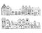 Vintage stone Europe houses. Set of old style town and village building facades in a row. Hand drawn vector sketch illustration