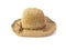 Vintage straw hat, partly open woven, isolated on white background. Straight front view, Womens summer yellow straw hat with the