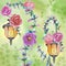 Vintage street lights with peony flowers and colorful leaves ornament Fairy spring garden watercolor illustration Enchanted