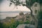 Vintage street view of the medival castle of Monemvasia from above