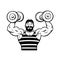 Vintage strong bearded man in striped tee shirt lifting heavy dumbbells