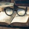 Vintage study vibes Close up of open book with eyeglasses