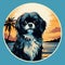 Vintage Style Art Print: Shih Tzu On Sunset With Palm Tree