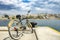 Vintage style bicycle standing on Pier of marina Zeas, opposite of Pasalimani city in Piraeus, Greece.