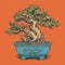 Vintage-style Bonsai Tree Illustration On Orange Background