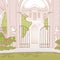 Vintage style cartoon entrance with gates and cupid statues. Rich mansion in background. Victorian yard with trees and