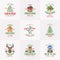 Vintage Style Christmas Logos or Labels Template Bundle. Hand Drawn Deer, Gingerbread Cookie, Pine, Gift boxes, Holly