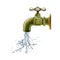 Vintage style copper metal faucet with a water flow. Watercolor illustration. Hand drawn retro leaking water tap element