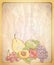 Vintage style empty paper backdrop with graphic illustration of assorted fruits.