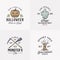 Vintage Style Halloween Logos or Labels Template Set. Hand Drawn Evil Pumpkin, Ghost, Spooky Tree, Broom and Scythe