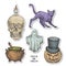 Vintage Style Halloween Stickers Set. Hand Drawn Pumpkin, Ghost, Cat, Cauldron and Scull with Candle Sketch Symbols