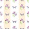 Vintage style hand drawn butterflies and flowers design. Seamless vertical geometric vector pattern with pastel stripes