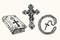 Vintage style Holly Bible, decorative cross with Crucifixion, prayer beads Roman Catholic rosary beads. Ink black and white draw