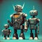 Vintage style illustration of family of robots. Generative AI