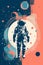 Vintage style illustration of a space astronaut. Abstract science fiction poster or banner