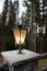 Vintage style lantern glowing on a stone column