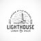 Vintage Style Lighthouse Abstract Vector Sign, Symbol or Logo Template. Searchlight Tower Landscape Sketch Drawing with