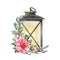 Vintage style metal lantern with flowers decoration. Watercolor painted illustration. Cozy floral decoration with garden