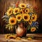 Vintage-style Painting: Charming Bouquet of Sunflowers and Wild Daisies