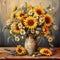 Vintage-style Painting: Charming Bouquet of Sunflowers and Wild Daisies