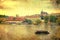 Vintage style panorama of old Prague