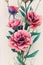 Vintage style plant with flowers with many pink petals, on a light background. Vertical image