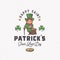 Vintage Style Saint Patricks Day Logo or Label Template. Hand Drawn Leprechaun with Sack of Gold Coins and Shamrock Leaf