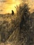 Vintage Style Sepia-Toned Harvest Scene with Sheaf and Solitary Figure. Nostalgic Agricultural Image Perfect for Decor