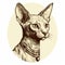 Vintage Style Sphynx Portrait Cat With Necklace: Geof Darrow Inspired Illustration