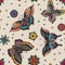 Vintage style traditional tattoo flash butterflies and flowers seamless pattern