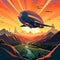 Vintage-style travel poster featuring a futuristic airship above majestic mountains and a vibrant cityscape