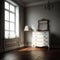 Vintage style white chest of drawers in sunlit classic room, created using generative ai technology