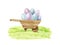 Vintage style wooden barrow with pile of eggs on the green grass. Watercolor hand drawn illustration. Easter traditional