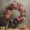 Vintage-style wreath composed of intricately twisted ivy and delicate dried roses