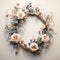 Vintage-style wreath composed of intricately twisted ivy and delicate dried roses