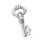 Vintage-styled drawing of old door key. Outlined contoured engraving, woodcut art of unlocking item. Black and white