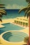 Vintage styled tropical summer beach resort hotel poster design. Generative ai