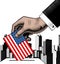 Vintage stylized drawing of hand putting voting paper with the US flag against the backdrop of a modern american city