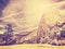 Vintage stylized nature mountain background, USA.